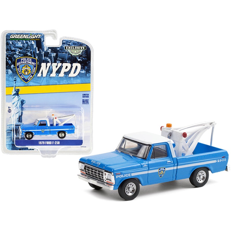 1979 Ford F-250 Tow Truck with Drop-In Tow Hook Blue with White Top “New York City Police Dept.” (NYPD) “Hobby Exclusive” 1/64 Diecast Model Car by Greenlight