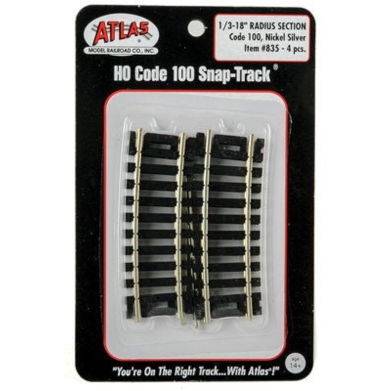 Atlas 835 HO, Code 100, 18″ Radius Curve 1/3 Section, 10 Degree, 4 Pieces