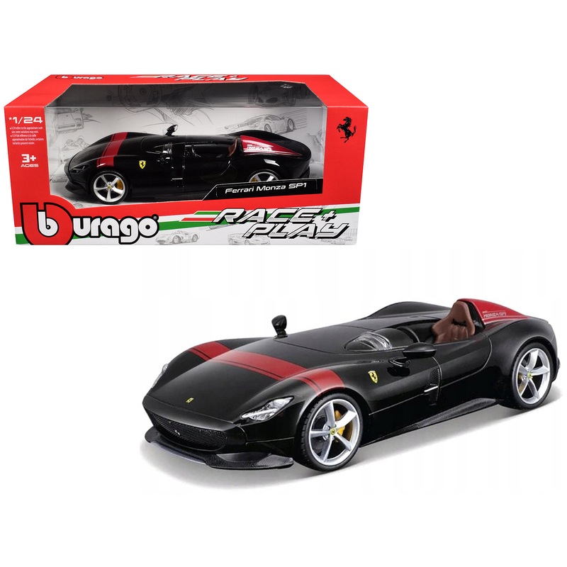 Ferrari Monza SP1 Black Metallic with Red Stripes “Race & Play” Series 1/24 Diecast Model Car by Bburago