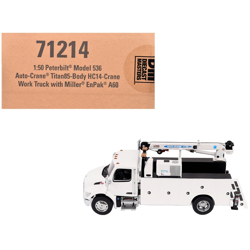 Peterbilt 536 Auto-Crane Titan85-Body HC14-Crane Work Truck with Miller EnPak White “Transport Series” 1/50 Diecast Model by Diecast Masters