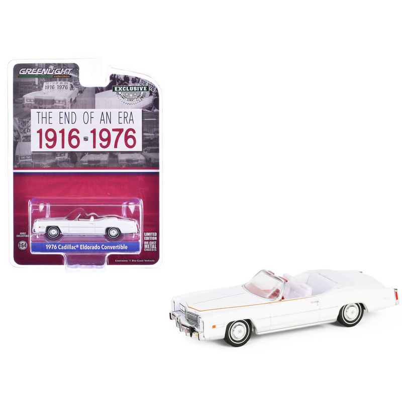 1976 Cadillac Eldorado Convertible White with Red and Blue Stripes “The End of an Era 1916-1976” “Hobby Exclusive” Series 1/64 Diecast Model Car by Greenlight