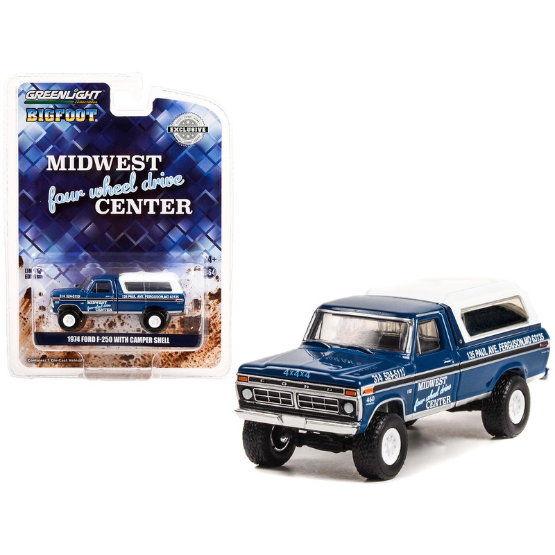 1974 Ford F-250 Pickup Truck with Camper Shell Blue Metallic with Black Stripes “Bigfoot – Midwest Four Wheel Drive Center” “Hobby Exclusive” 1/64 Diecast Model Car by Greenlight