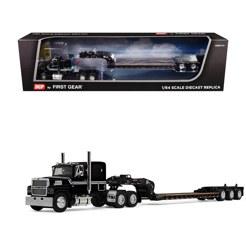 Ford LTL 9000 with 60″ Flat Top Sleeper and Fontaine Magnitude Tri-Axle Lowboy Trailer Black 1/64 Diecast Model by DCP/First Gear