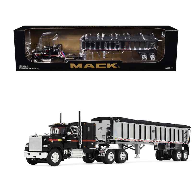 Mack Super-Liner with 60″ Flat Top Sleeper and East End Dump Trailer Black 1/64 Diecast Model by DCP/First Gear