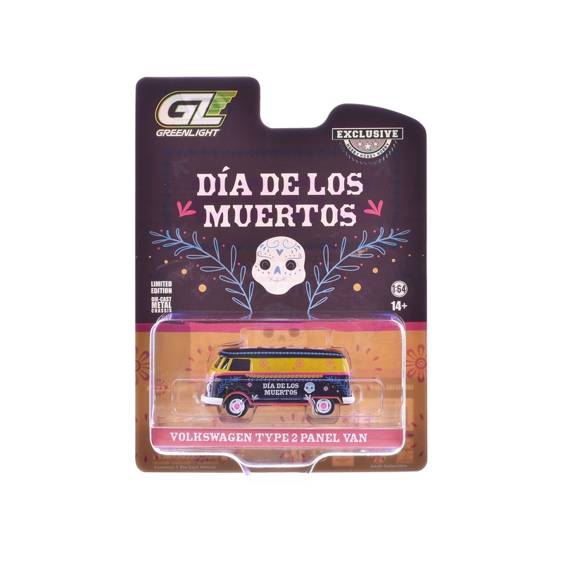 Volkswagen Type 2 Panel Van “Dia de los Muertos 2025” Black and Yellow with Graphics “Hobby Exclusive” Series 1/64 Diecast Model Car by Greenlight