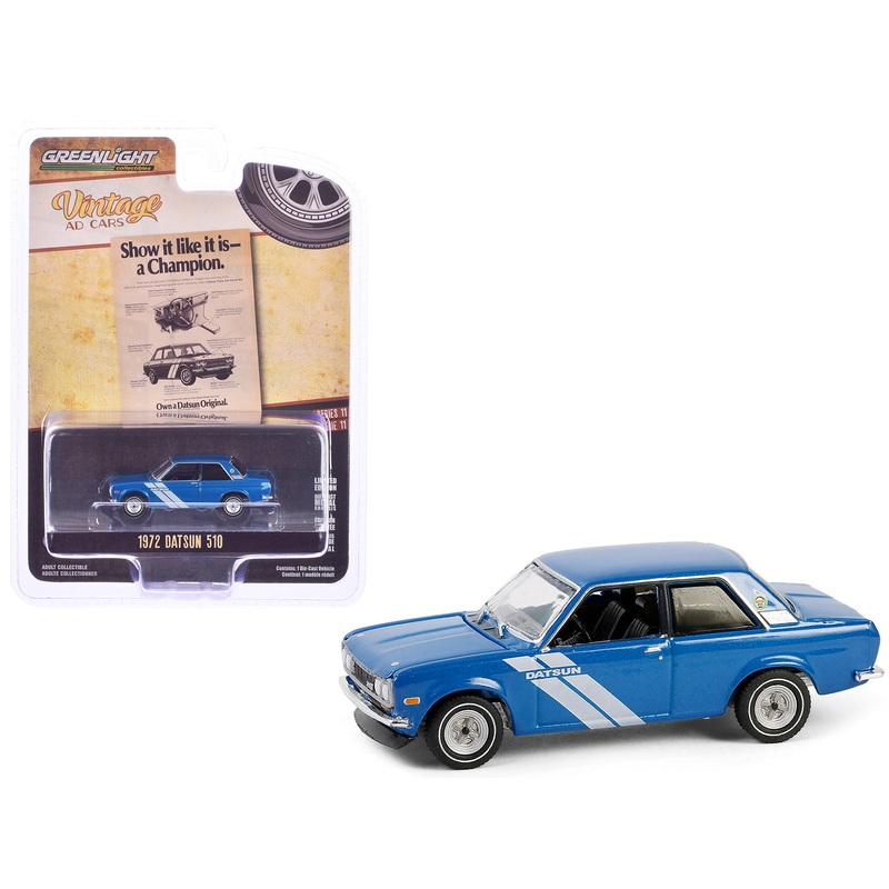 1972 Datsun 510 Blue Metallic with White Stripes “Show it Like it is – a Champion” “Vintage Ad Cars” Series 11 1/64 Diecast Model Car by Greenlight