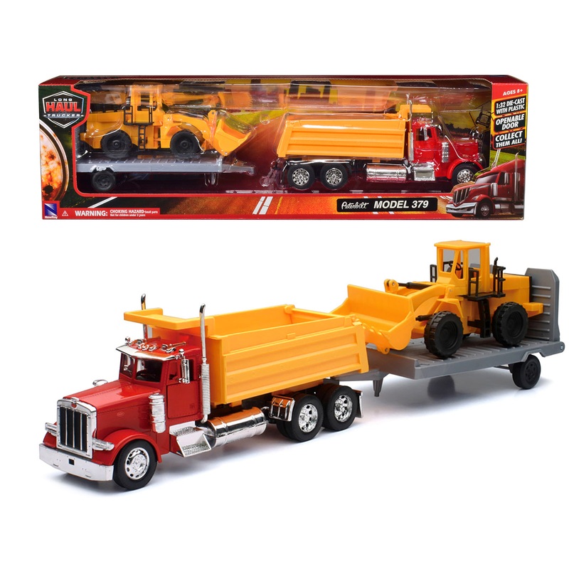 Peterbilt 379 Dump Truck Red and Wheel Loader Yellow with Flatbed Trailer “Long Haul Truckers” Series 1/32 Diecast Model by New Ray