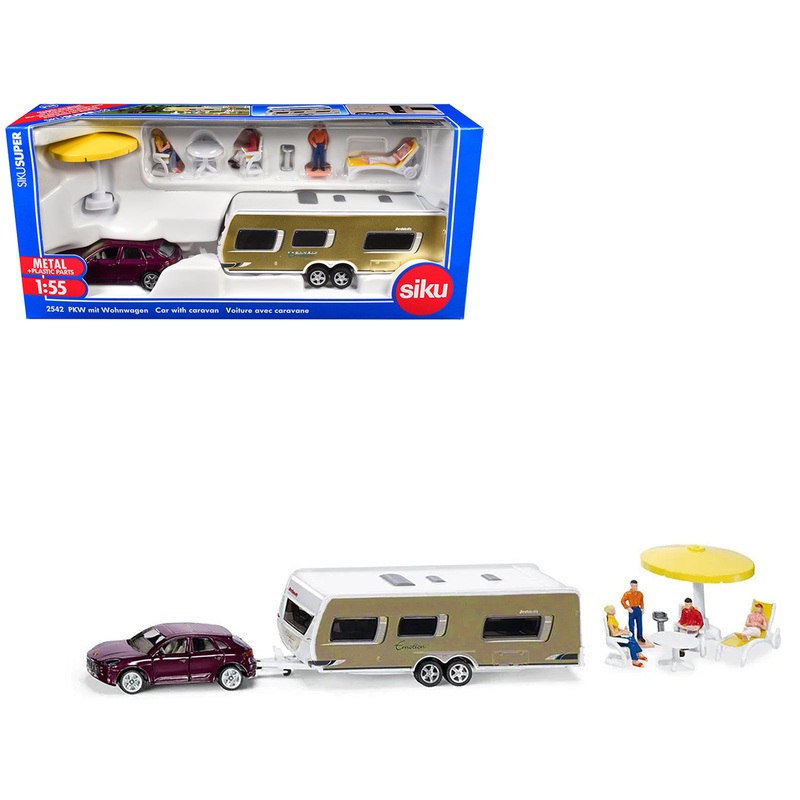 Porsche Macan Turbo Maroon Metallic and Dethleffs Exclusiv Emotion Caravan with Figures and Camp Accessories Set 1/55 Diecast Model by Siku