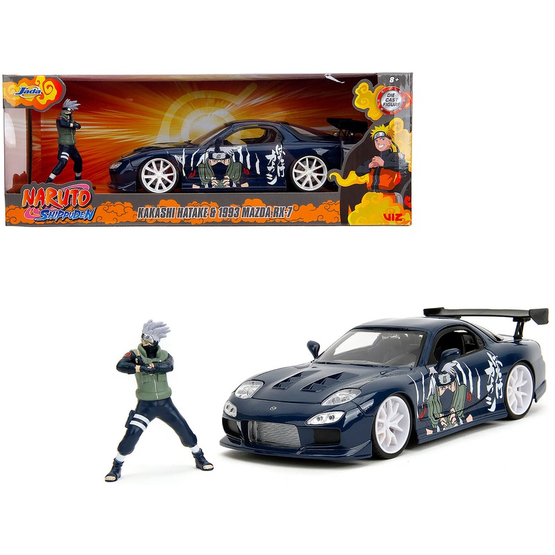 1993 Mazda RX-7 Dark Blue with Graphics and Kakashi Hatake Diecast Figure “Naruto Shippuden” (2009-2017) TV Series “Anime Hollywood Rides” Series 1/24 Diecast Model Car by Jada