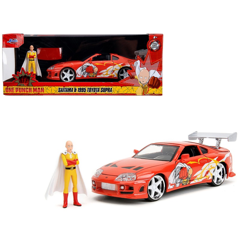 1995 Toyota Supra Red with Graphics and Saitama Diecast Figure “One Punch Man” (2015-2019) TV Series 1/24 Diecast Model by Jada