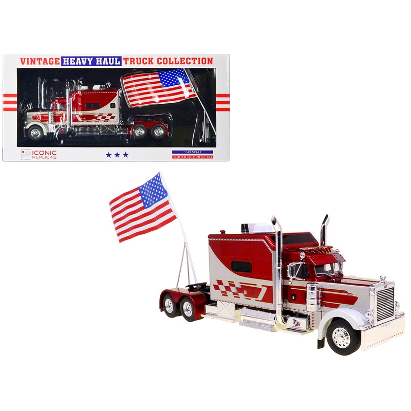 1997 Peterbilt 379 Tractor Truck White and Red Metallic with American Flag Limited Edition to 504 pieces Worldwide “Vintage Heavy Haul Truck Collection” 1/43 Diecast Model by Iconic Replicas
