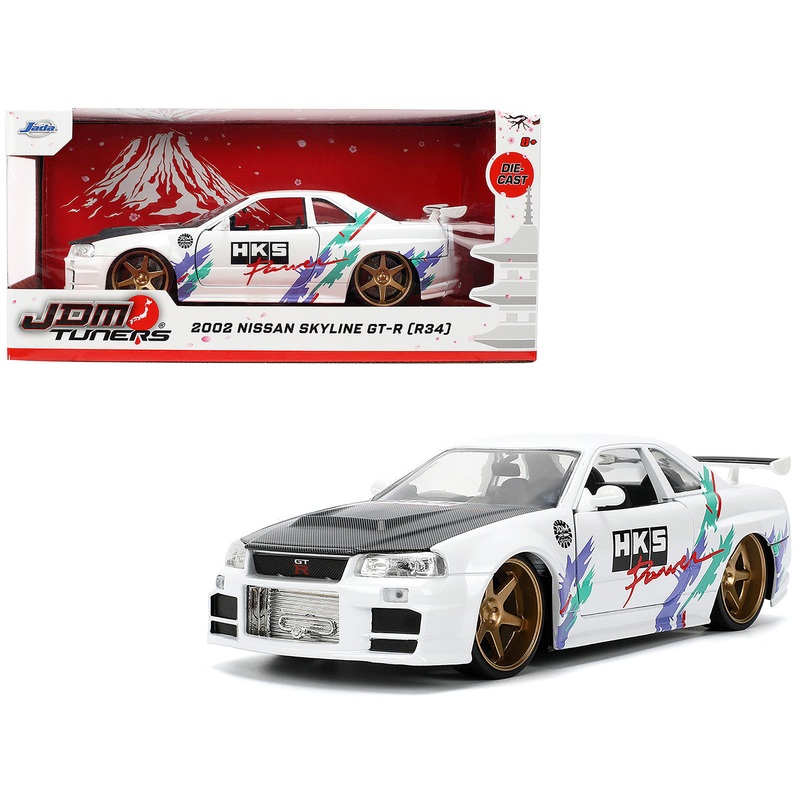 2002 Nissan Skyline GT-R (R34) RHD (Right Hand Drive) “HKS Power” White with Carbon Hood and Graphics “JDM Tuners” Series 1/24 Diecast Model Car by Jada