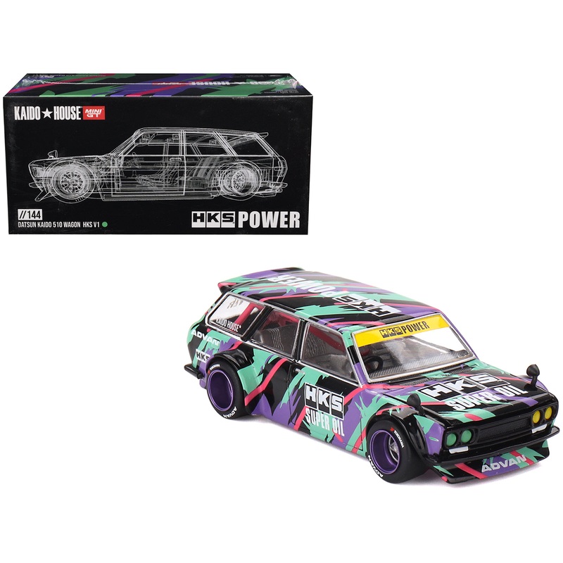 Datsun 510 Wagon RHD (Right Hand Drive) “HKS V1” Black with Graphics (Designed by Jun Imai) “Kaido House” Special 1/64 Diecast Model Car by Mini GT