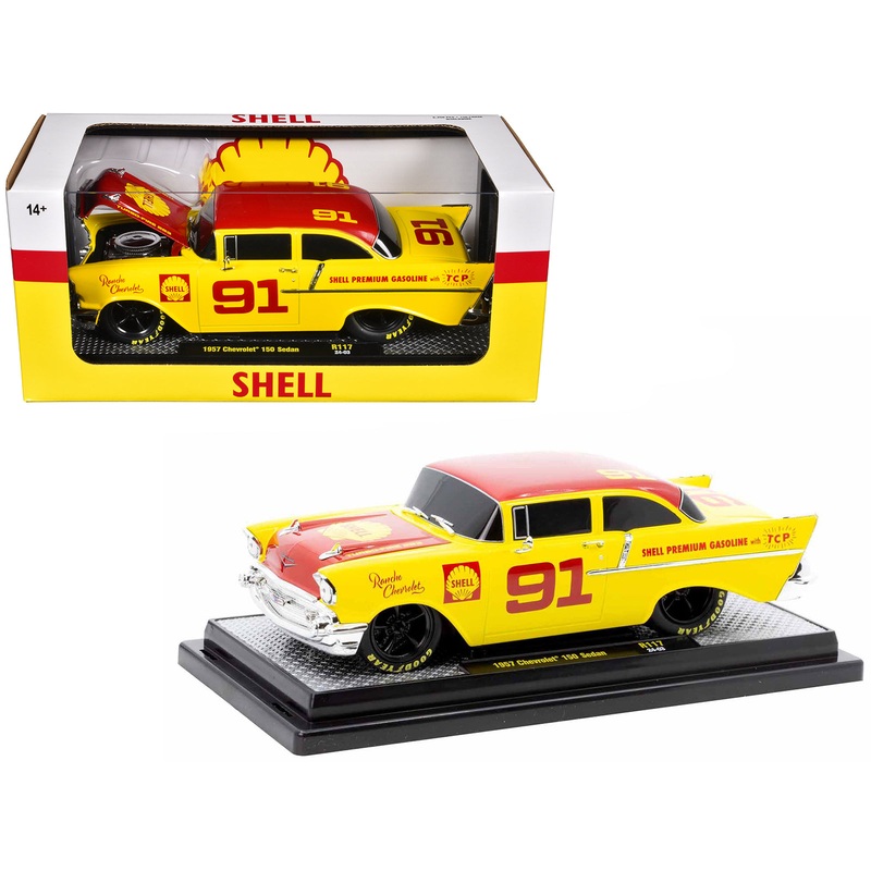 1957 Chevrolet 150 Sedan #91 Yellow with Red Hood and Top “Shell Oil” Limited Edition to 6250 pieces Worldwide 1/24 Diecast Model Car by M2 Machines