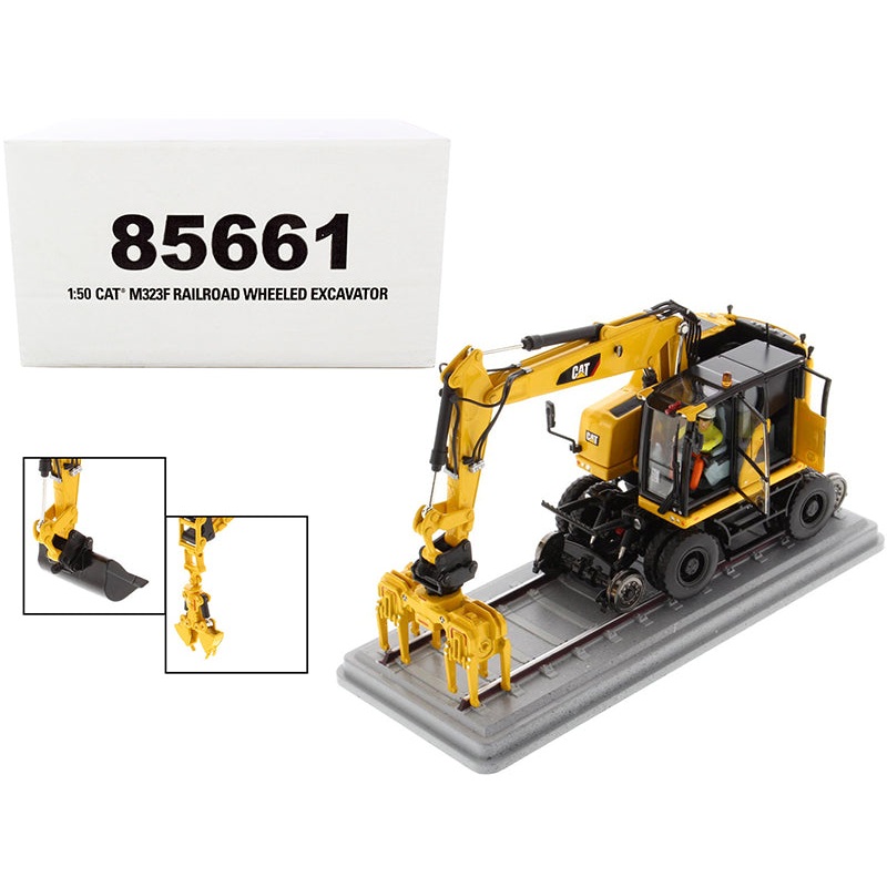 CAT Caterpillar M323F Railroad Wheeled Excavator with Operator and 3 Work Tools Safety Yellow Version “High Line Series” 1/50 Diecast Model by Diecast Masters