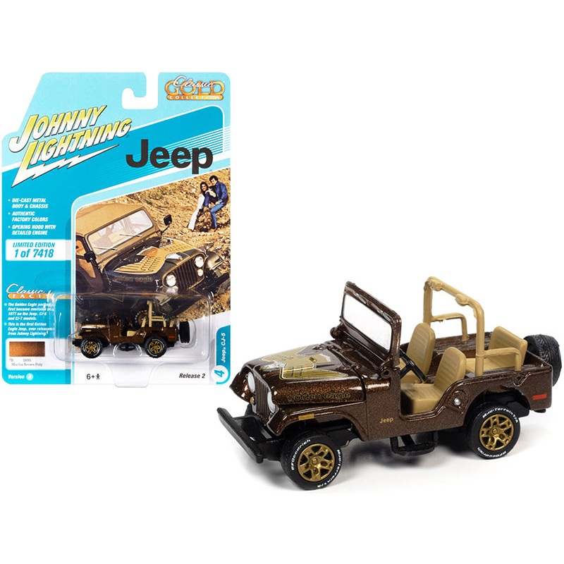 Jeep CJ-5 Mocha Brown Metallic with Golden Eagle Graphics “Classic Gold Collection” Series Limited Edition to 7418 pieces Worldwide 1/64 Diecast Model Car by Johnny Lightning