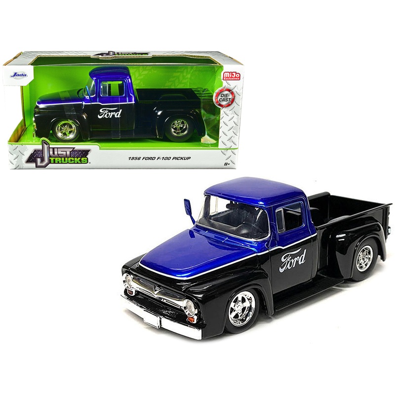 1956 Ford F-100 Pickup Truck Black and Blue Metallic with Ford Graphics “Just Trucks” Series 1/24 Diecast Model Car by Jada