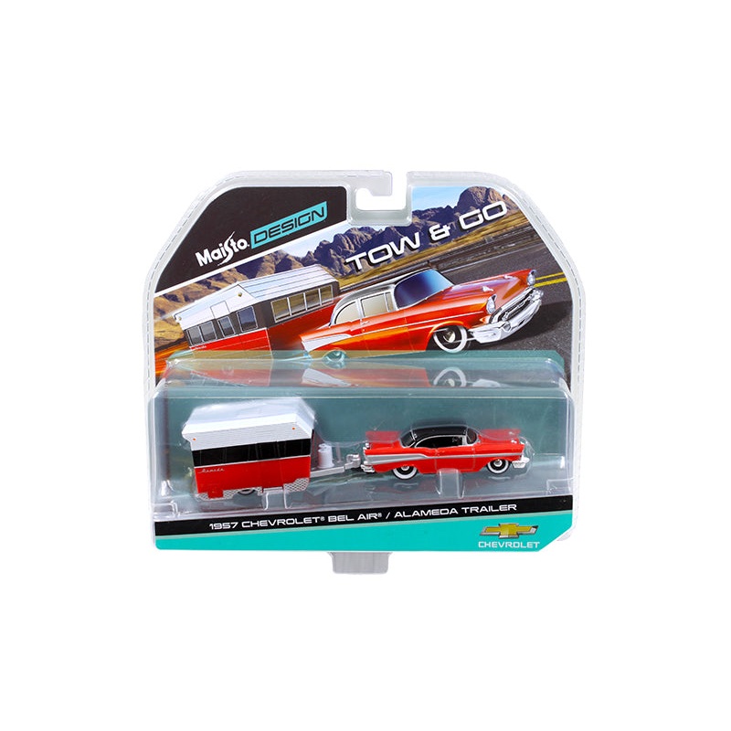 1957 Chevrolet Bel Air with Alameda Trailer Red Tow & Go 1/64 Diecast Model by Maisto