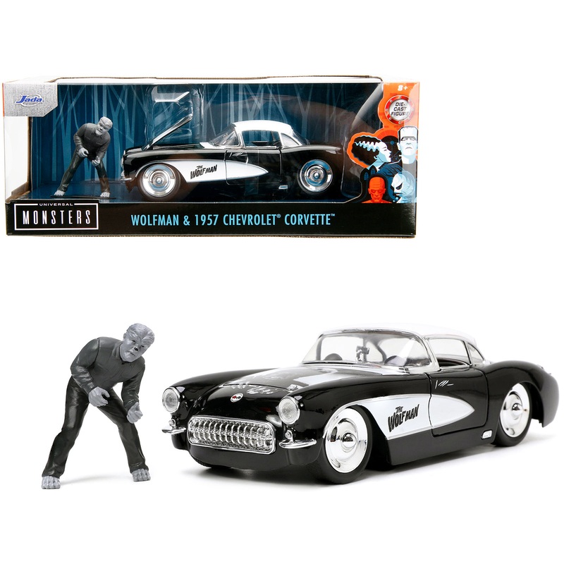 1957 Chevrolet Corvette Black with White Top and Wolfman Diecast Figure “Universal Monsters” “Hollywood Rides” Series 1/24 Diecast Model Car by Jada