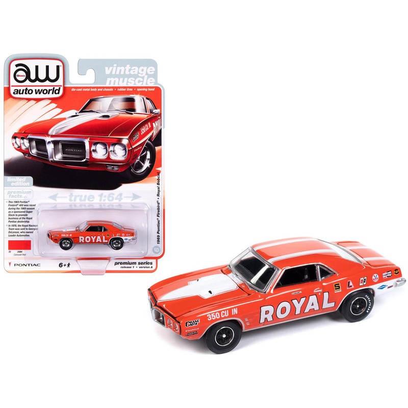 1969 Pontiac Firebird Royal Bobcat Carousel Red with White Stripes and Graphics “Vintage Muscle” Limited Edition 1/64 Diecast Model Car by Auto World