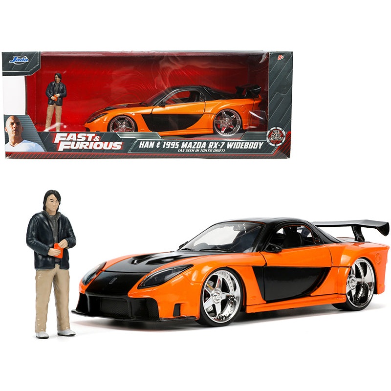 1995 Mazda RX-7 Widebody RHD (Right Hand Drive) Orange Metallic and Black with Han Diecast Figurine “The Fast and the Furious: Tokyo Drift” (2006) Movie 1/24 Diecast Model Car by Jada