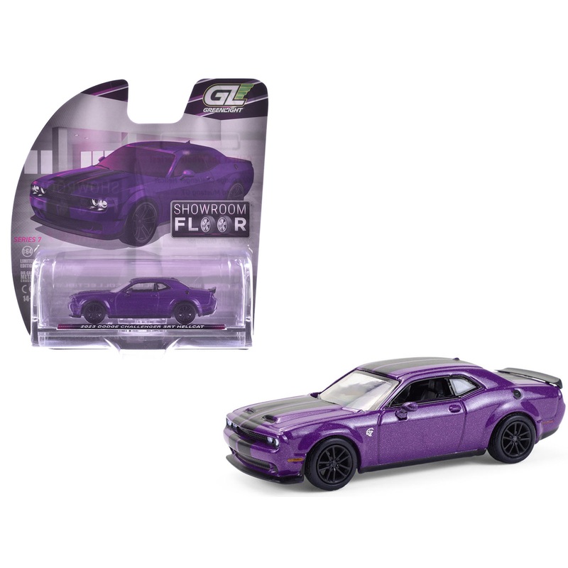 2023 Dodge Challenger SRT Hellcat Plum Crazy Metallic with Black Stripes “Showroom Floor” Series 7 1/64 Diecast Model Car by Greenlight