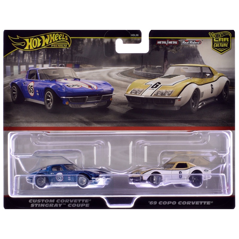 Chevrolet Custom Corvette Stingray Coupe #65 Blue Metallic with White Stripes and 1969 Chevrolet COPO Corvette #6 Gold Metallic and White “Car Culture” Set of 2 Cars Diecast Model Cars by Hot Wheels