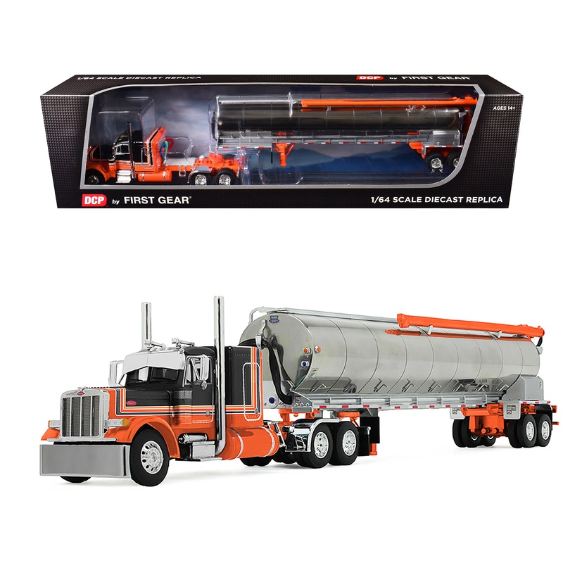 Peterbilt 379 with 48″ Flat Top Sleeper and Walinga Bulk Feed Trailer Orange and Black with Stripes 1/64 Diecast Model by DCP/First Gear