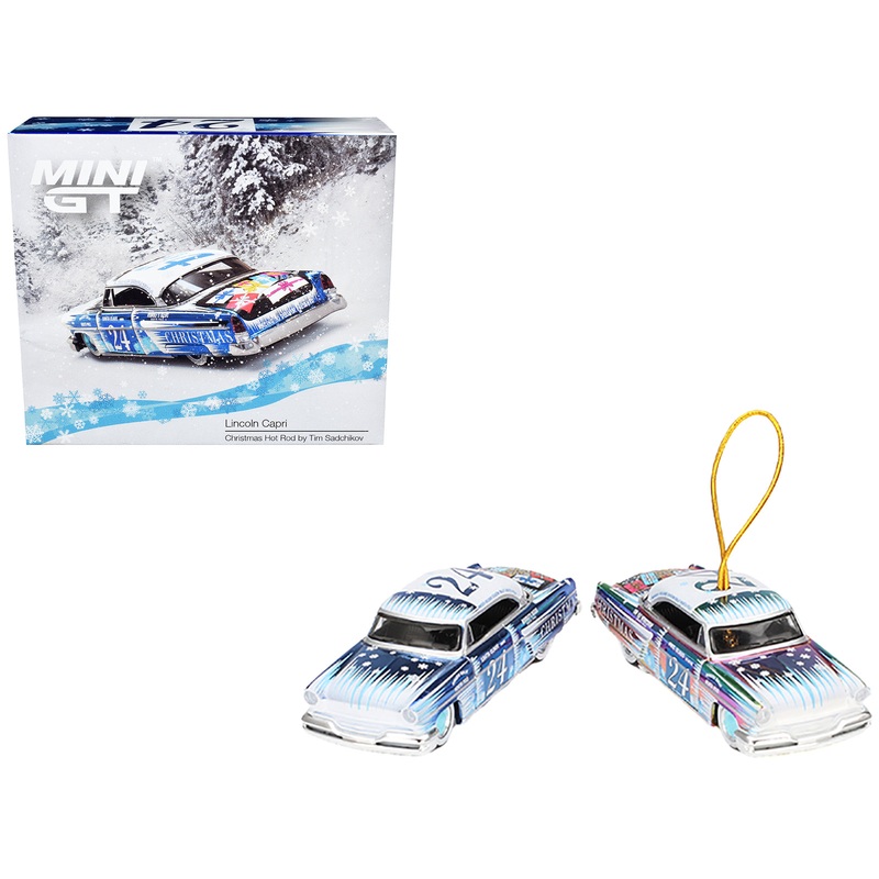 1954 Lincoln Capri “Christmas Hot Rod 2024 Edition by Tim Sadchikov” #24 Blue Metallic with Christmas Graphics and Lincoln Capri Tree Ornament Limited Edition to 9999 pieces Worldwide 1/64 Diecast Model Car by Mini GT