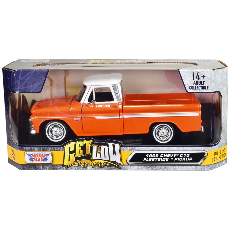 1966 Chevrolet C10 Fleetside Pickup Truck Lowrider Orange Metallic with White Top “Get Low” Series 1/24 Diecast Model Car by Motormax