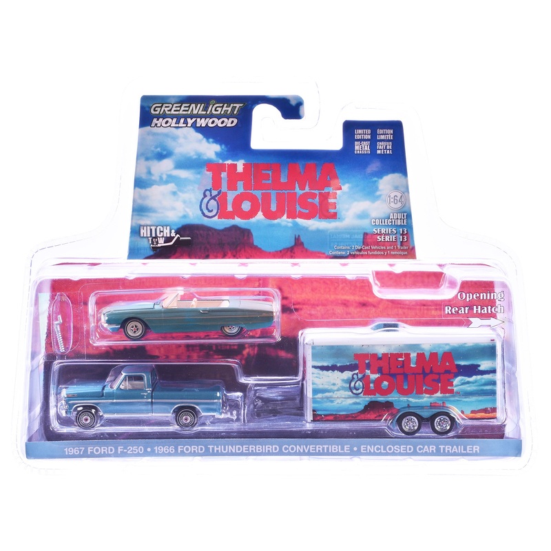 1966 Ford Thunderbird Convertible Blue (Dust Covered) and 1967 Ford F-250 Pickup Truck Blue with Enclosed Car Hauler “Thelma & Louise” (1991) Movie “Hollywood Hitch & Tow” Series 13 1/64 Diecast Model Cars by Greenlight