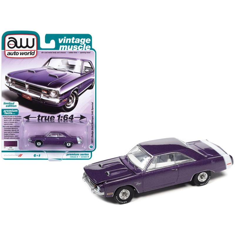 1971 Dodge Dart Swinger 340 Special Plum Crazy Purple Metallic with White Tail Stripe “Vintage Muscle” Limited Edition 1/64 Diecast Model Car by Auto World
