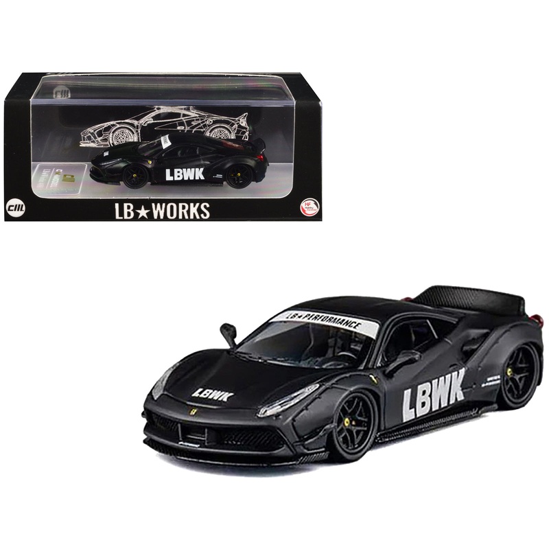 LB Works 488 “LBWK” Matt Black 1/64 Diecast Model Car by CM Model