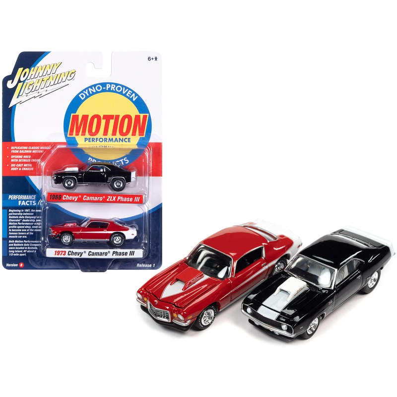 1969 Chevrolet Camaro ZLX Phase III Black with White Stripes and 1973 Chevrolet Camaro Phase III Medium Red and White “Baldwin Motion” Set of 2 Cars 1/64 Diecast Model Cars by Johnny Lightning