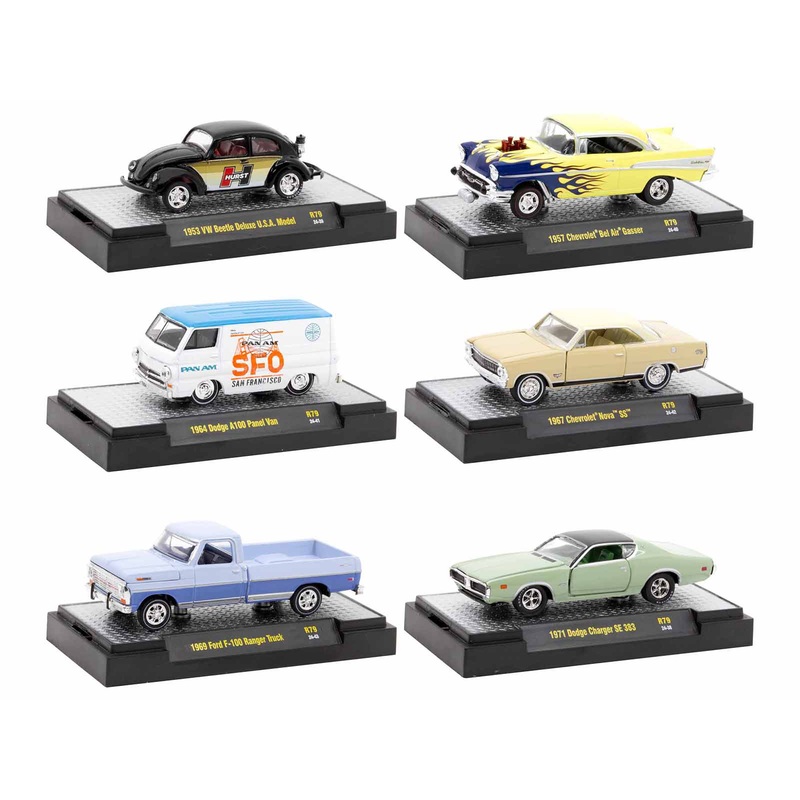 “Auto Meets” Set of 6 Cars IN DISPLAY CASES Release 79 Limited Edition 1/64 Diecast Model Cars by M2 Machines