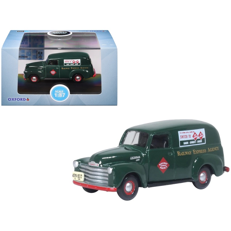 1950 Chevrolet Panel Van “Railway Express Agency” Dark Green 1/87 (HO) Scale Diecast Model Car by Oxford Diecast