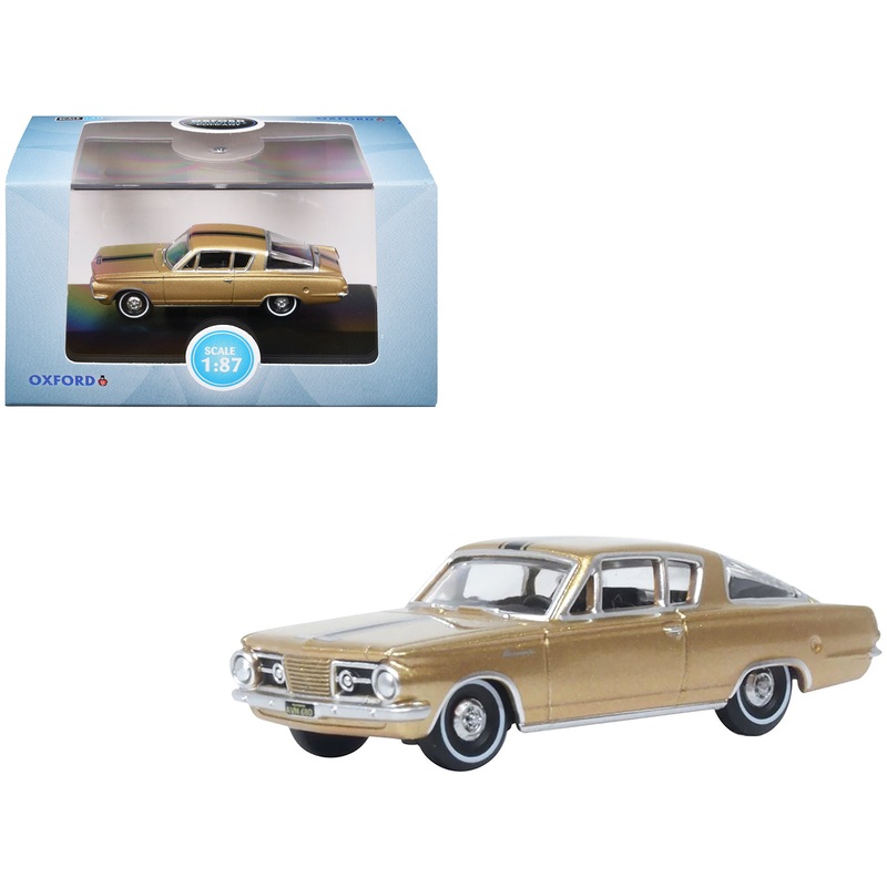 1965 Plymouth Barracuda Gold Metallic with Black Stripes 1/87 (HO) Scale Diecast Model Car by Oxford Diecast