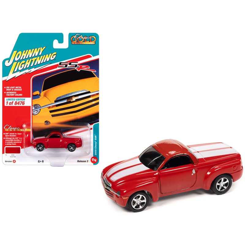2005 Chevrolet SSR Pickup Truck Torch Red with White Stripes “Classic Gold Collection” Series Limited Edition to 8476 pieces Worldwide 1/64 Diecast Model Car by Johnny Lightning
