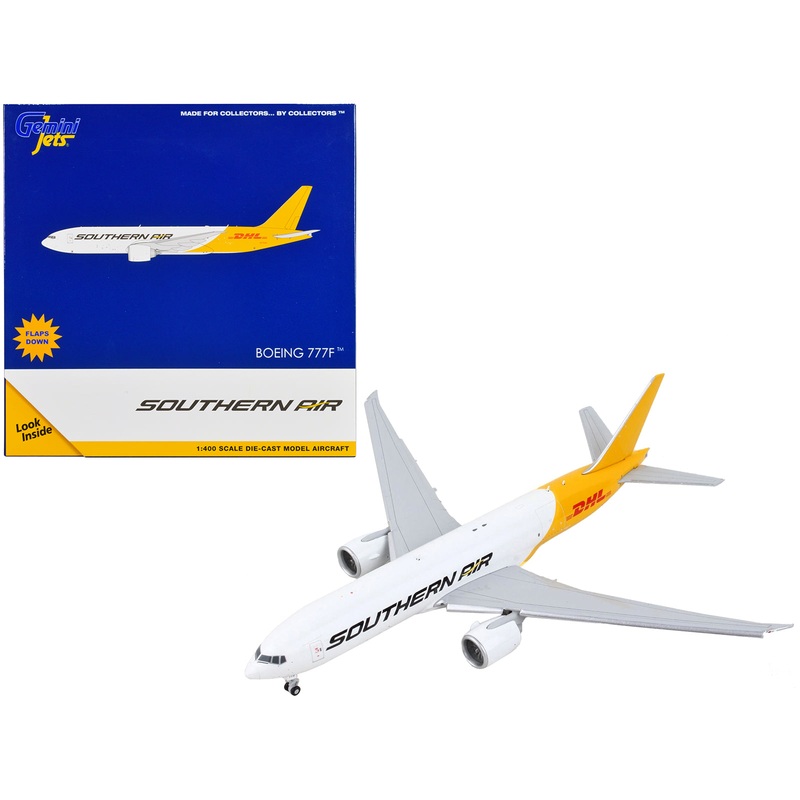 Boeing 777F Commercial Aircraft with Flaps Down “Southern Air – DHL” White and Yellow 1/400 Diecast Model Airplane by GeminiJets