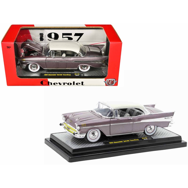 1957 Chevrolet Bel Air Hardtop Purple Metallic with Crean Top Limited Edition to 6250 pieces Worldwide 1/24 Diecast Model Car by M2 Machines