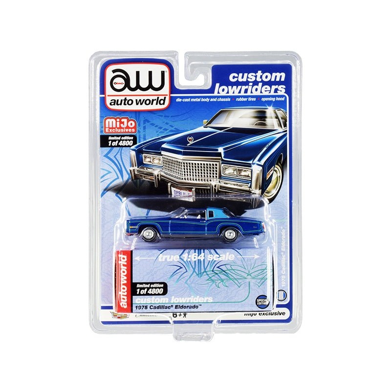 1975 Cadillac Eldorado Dark Blue Metallic with Light Blue (Partial) Vinyl Top “Custom Lowriders” Limited Edition to 4800 pieces Worldwide 1/64 Diecast Model Car by Auto World