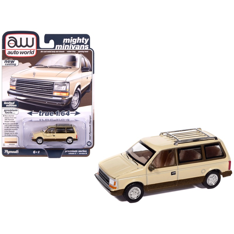 1987 Plymouth Voyager Van Light Cream and Golden Bronze Metallic 2-Tone “Mighty Minivans” Series 1/64 Diecast Model Car by Auto World
