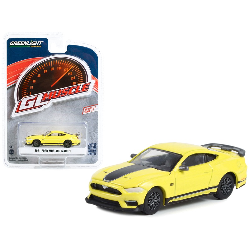 2021 Ford Mustang Mach 1 Grabber Yellow with Black Stripes “Greenlight Muscle” Series 27 1/64 Diecast Model Car by Greenlight