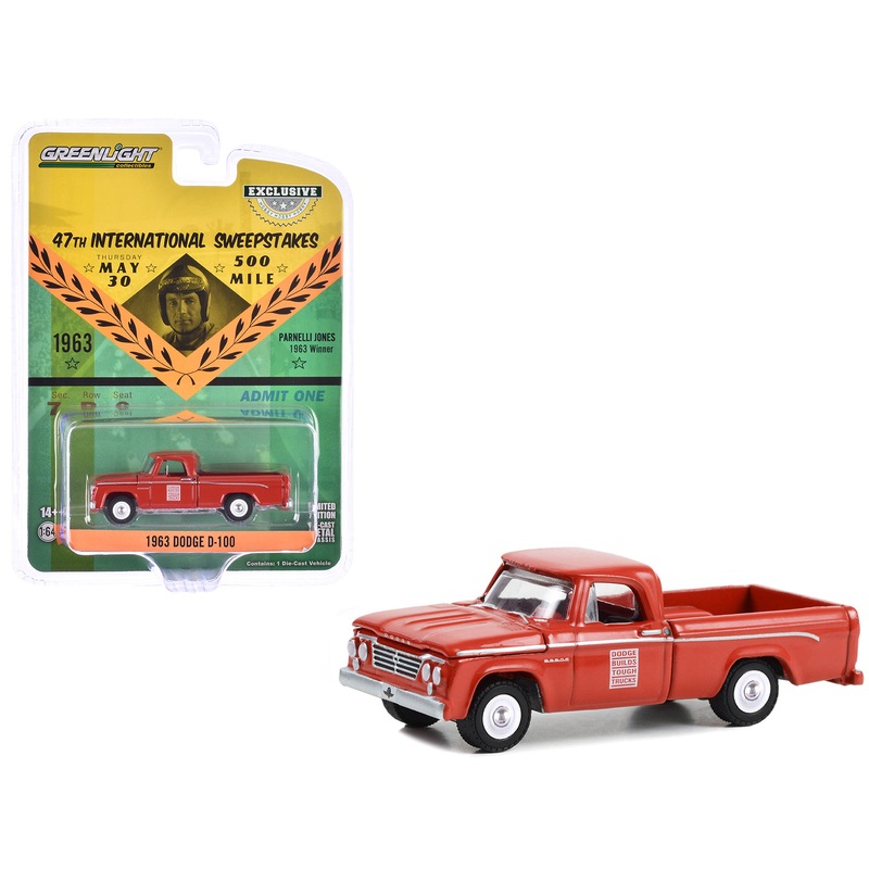 1963 Dodge D-100 Pickup Truck “47th International 500 Mile Sweepstakes – Indianapolis 500 Official Truck” Red “Hobby Exclusive” Series 1/64 Diecast Model Car by Greenlight