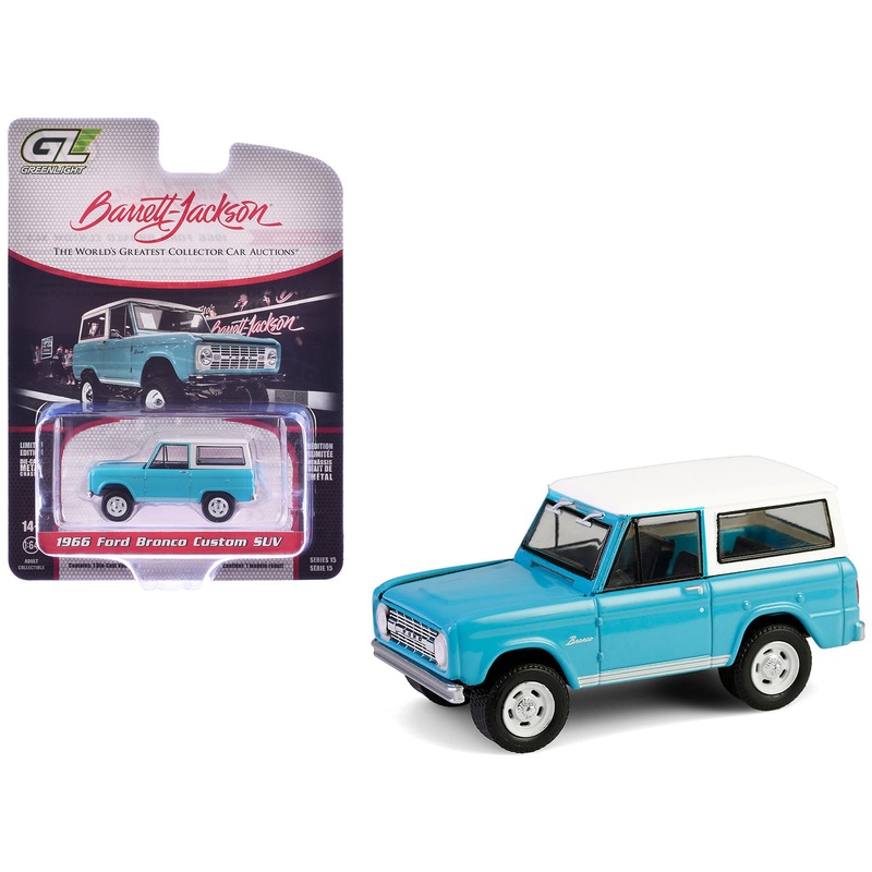 1966 Ford Bronco Custom SUV Turquoise Blue with White Top “Barrett-Jackson” Series 15 1/64 Diecast Model Car by Greenlight