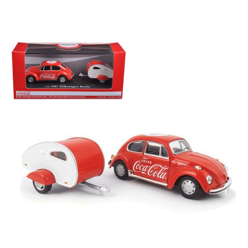 1967 Volkswagen Beetle Red with Teardrop Travel Trailer Red and White “Coca-Cola” 1/43 Diecast Model Car by Motorcity Classics