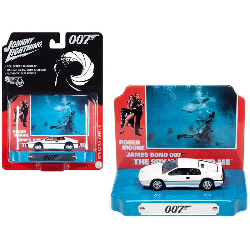 1976 Lotus Esprit S1 White with Collectible Tin Display “007” (James Bond) “The Spy Who Loved Me” (1977) Movie (10th in the James Bond Series) 1/64 Diecast Model Car by Johnny Lightning