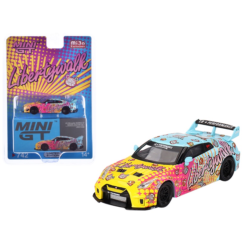 Nissan 35GT-RR Ver.1 “LB-Silhouette Works GT” Light Blue and Yellow with Graphics “LBWK KUMA” Limited Edition 1/64 Diecast Model Car by Mini GT