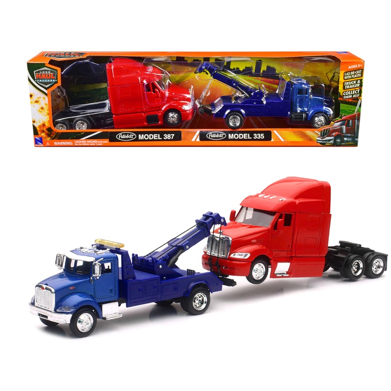 Peterbilt Model 335 Tow Truck Blue and Peterbilt Model 387 Cab Red Set of 2 Pieces 1/43 by New Ray