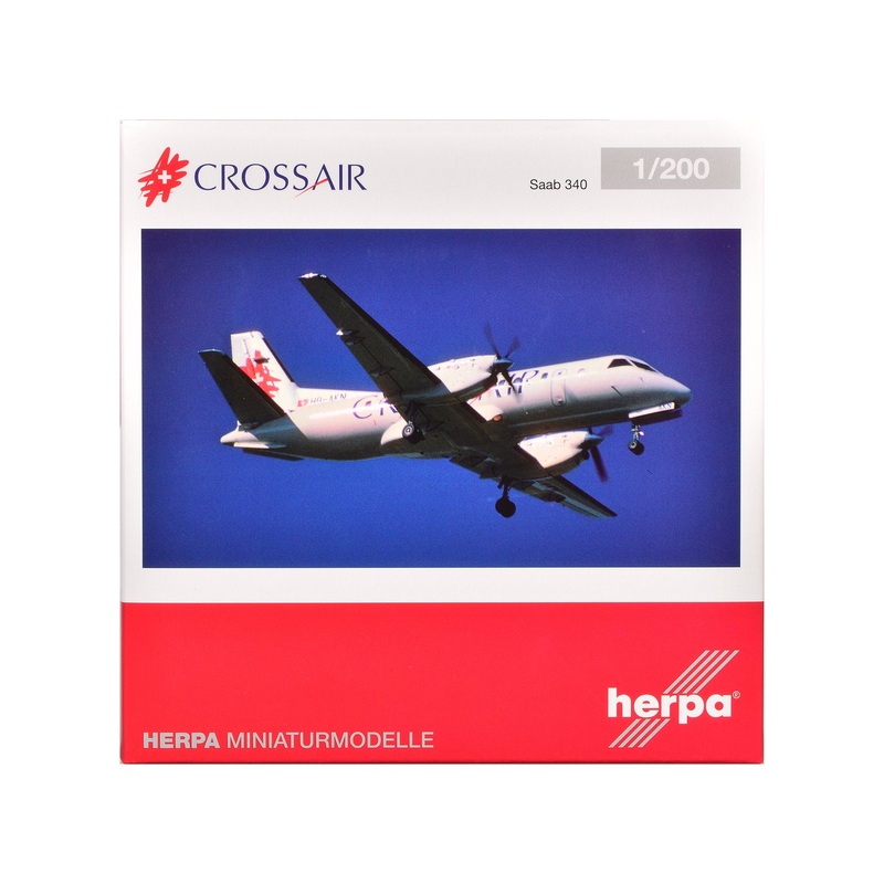 Saab 340 Commercial Aircraft “Crossair” (HB-AKN) White with Tail Graphics 1/200 Diecast Model Airplane by Herpa